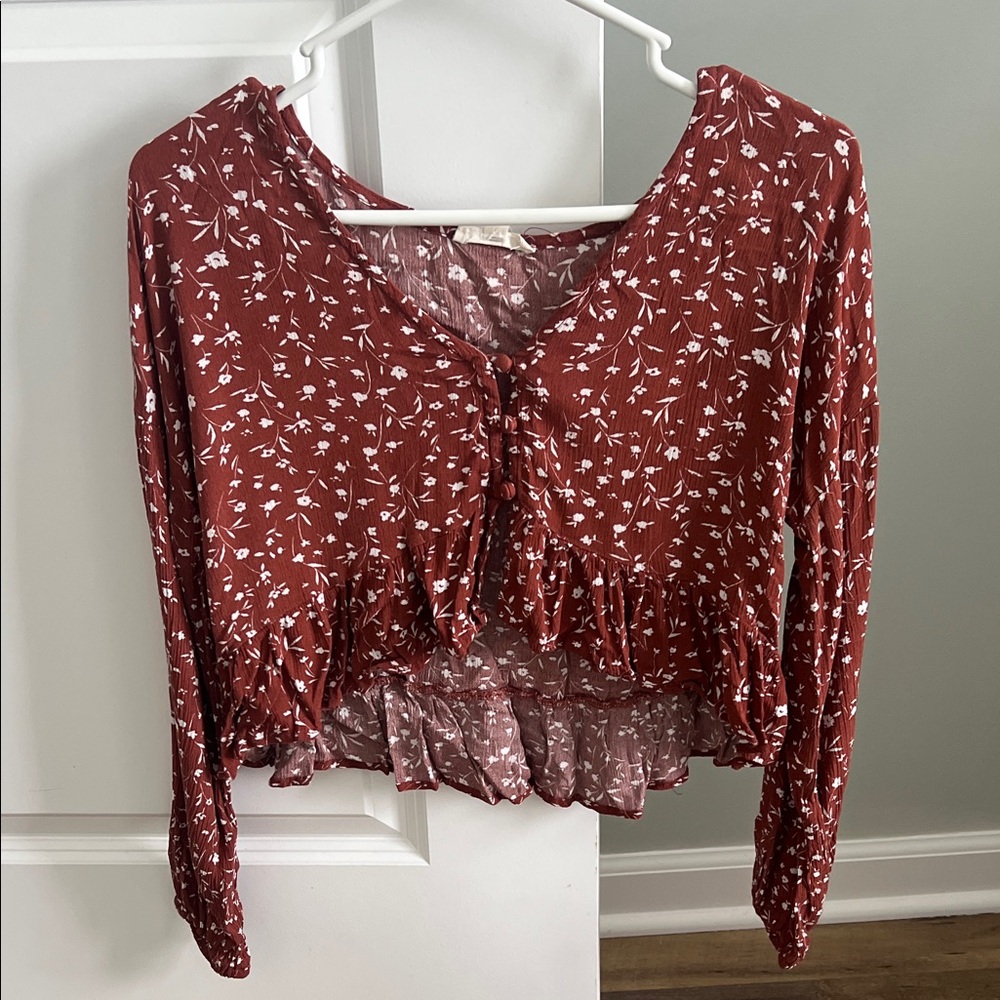 Women's Rust Floral Ruffle Button-Front Top